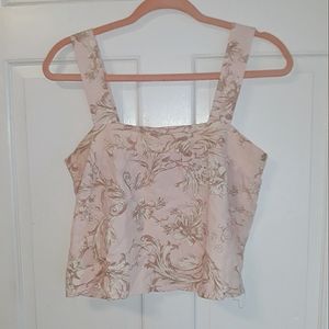 mi ami light pink and tan floral pattern sleeveless cropped linen summer top
